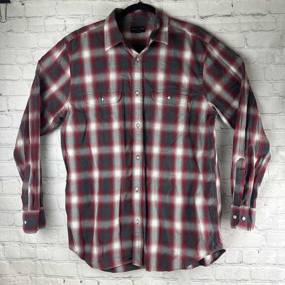 Banana Republic Mens XL Long Sleeve Button Up Cotton Red & Gray Plaid Oxford - Picture 5 of 8
